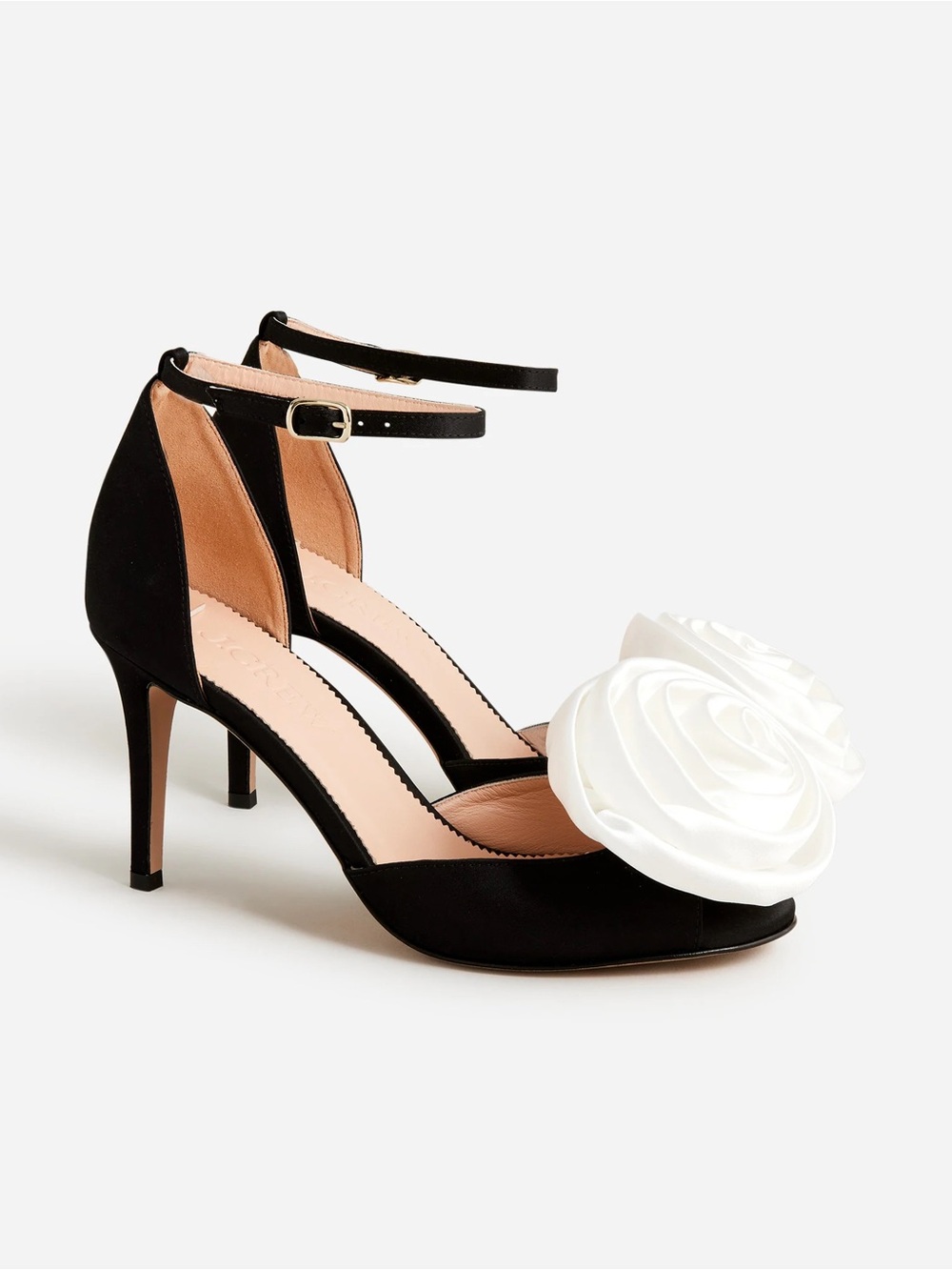 J Crew Black Women’s Ankle-Strap Heels with White Rose Accent (Open Toe)